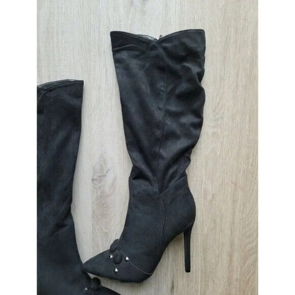 Yoki Black Faux Suede Sock Knee High Pointed Toe Studded High Heel Boots 8 - Picture 2 of 10